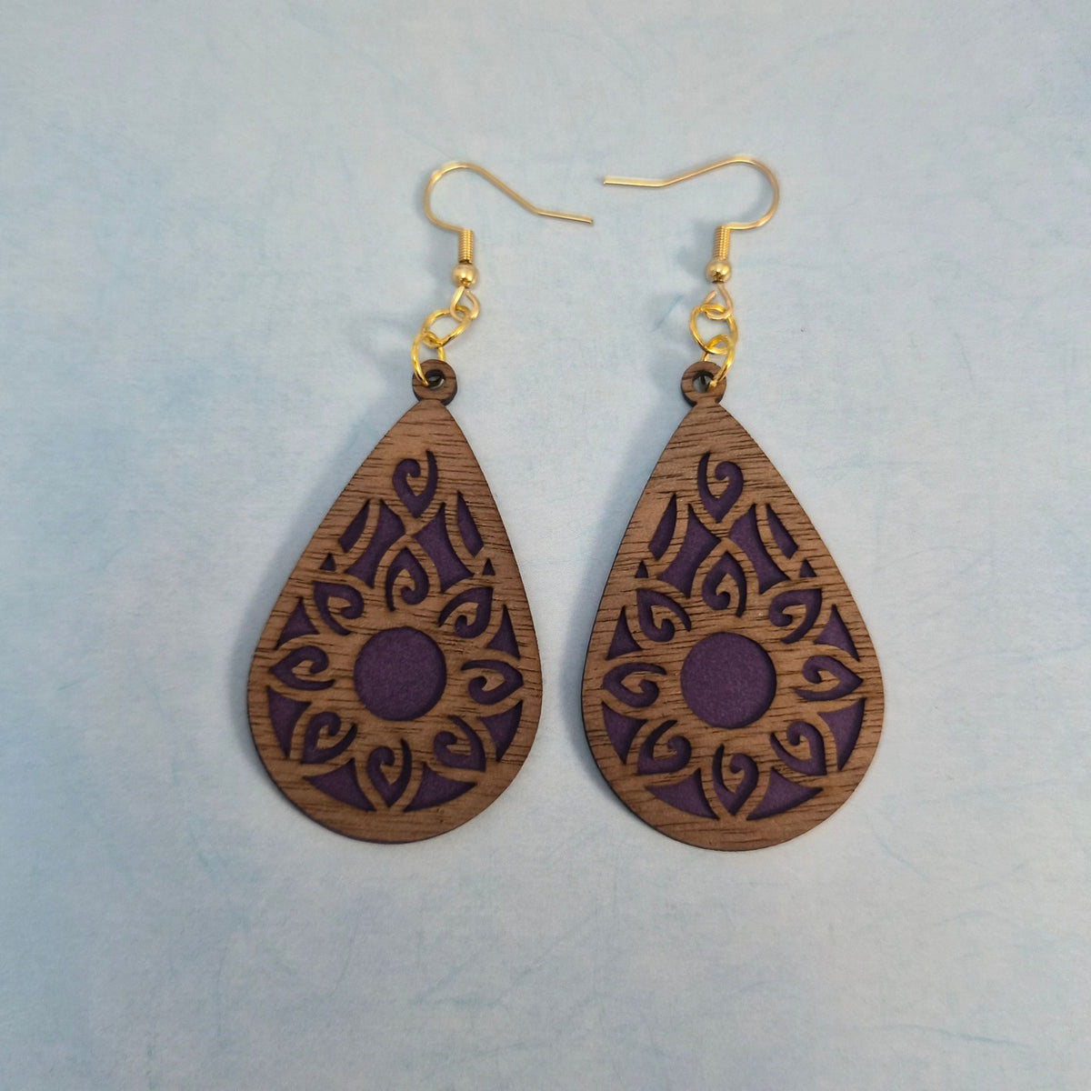 Mandala Leatherette and Walnut Wood Veneer Teardrop Earrings