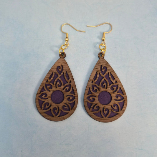 Mandala Leatherette and Walnut Wood Veneer Teardrop Earrings