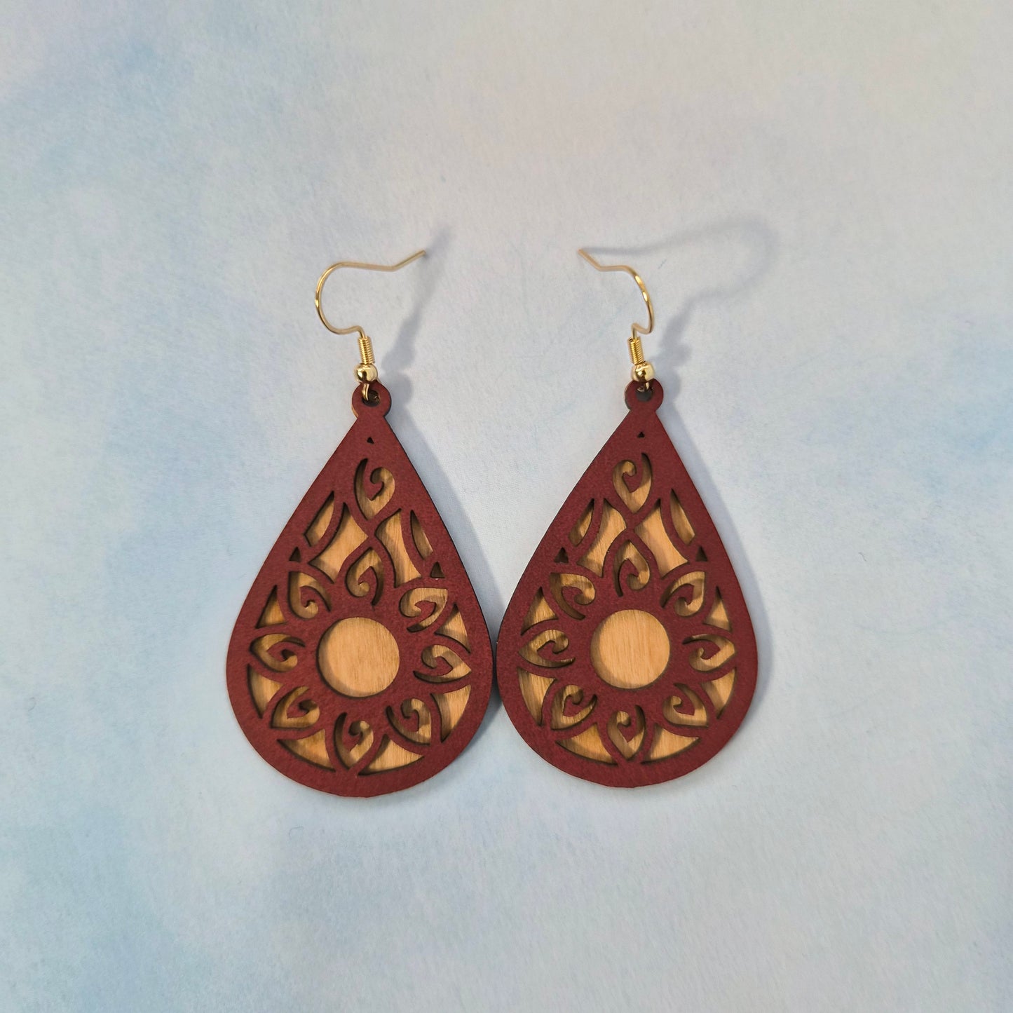 Mandala Maroon Leatherette (top) Light Wood Veneer (bottom) Teardrop Earrings
