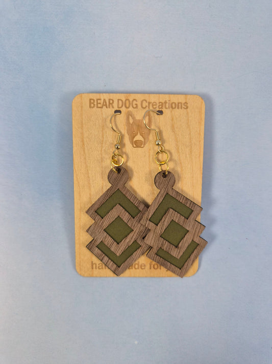 Geometric Wood Veneer & Leatherette Earrings, Brown and Olive Green 2 Layer Dangle