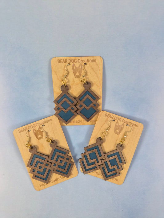 Geometric Wood Veneer & Leatherette Earrings, Brown and Teal Blue 2 Layer Dangle
