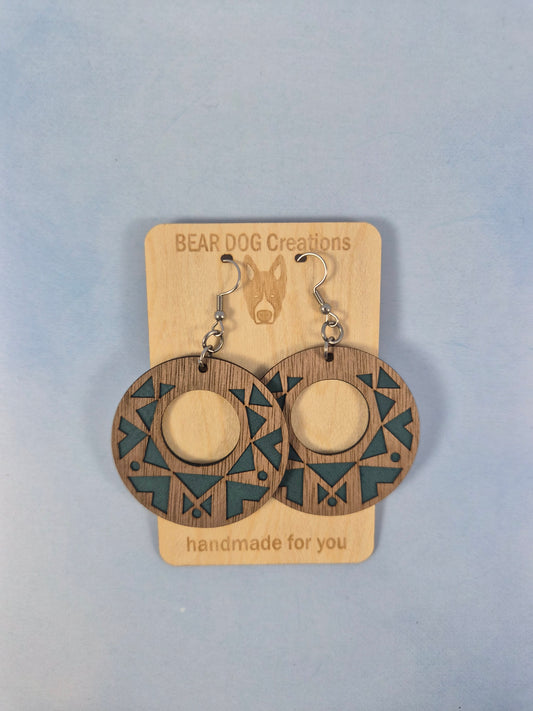 Geometric Wood Veneer & Leatherette Circle Cutout Earrings, Brown and Teal Blue Aztec 2 Layer Dangle