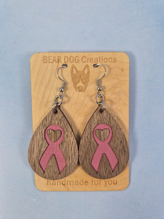 Breast Cancer Walnut Wood Veneer & Leatherette Earrings, Two Layer Pink Ribbon Dangle