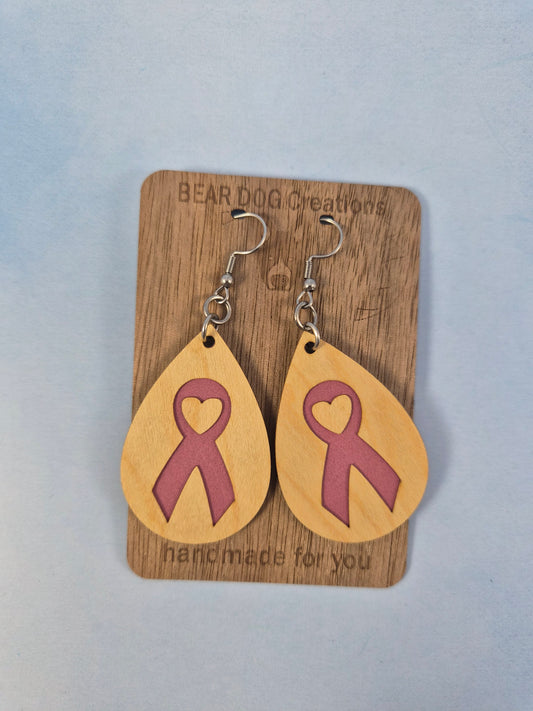 Breast Cancer Light Wood Veneer & Leatherette Earrings, Two Layer Pink Ribbon Dangle