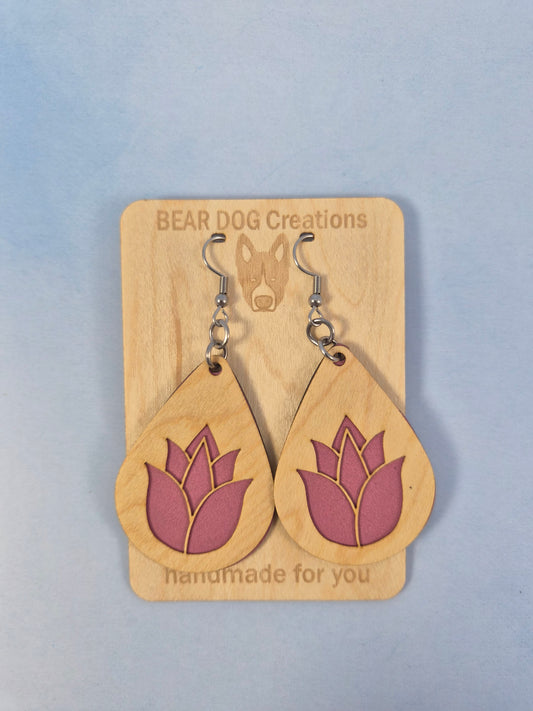 Lotus light Wood Veneer & Leatherette Earrings, Two Layer Pink Flower Dangle