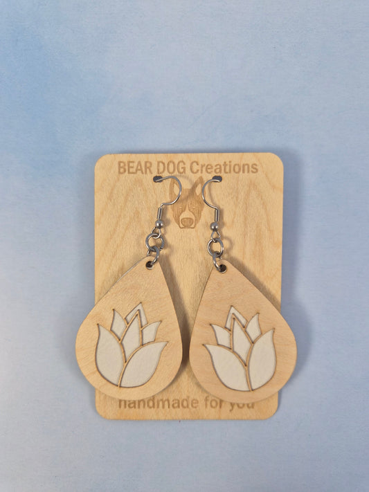 Lotus light Wood Veneer & Leatherette Earrings, Two Layer White Flower Dangle