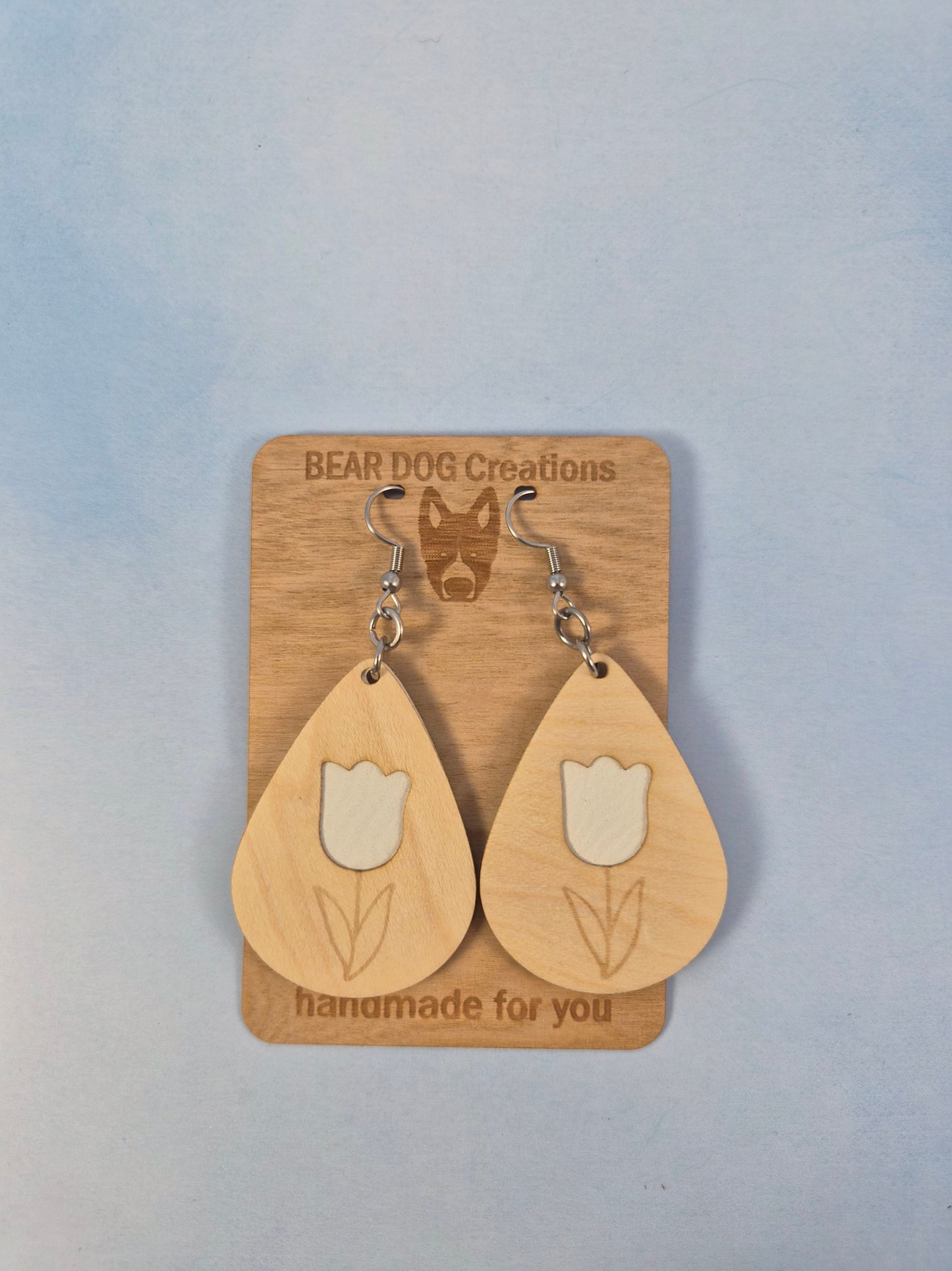 Tulip light Wood Veneer & White Leatherette Earrings