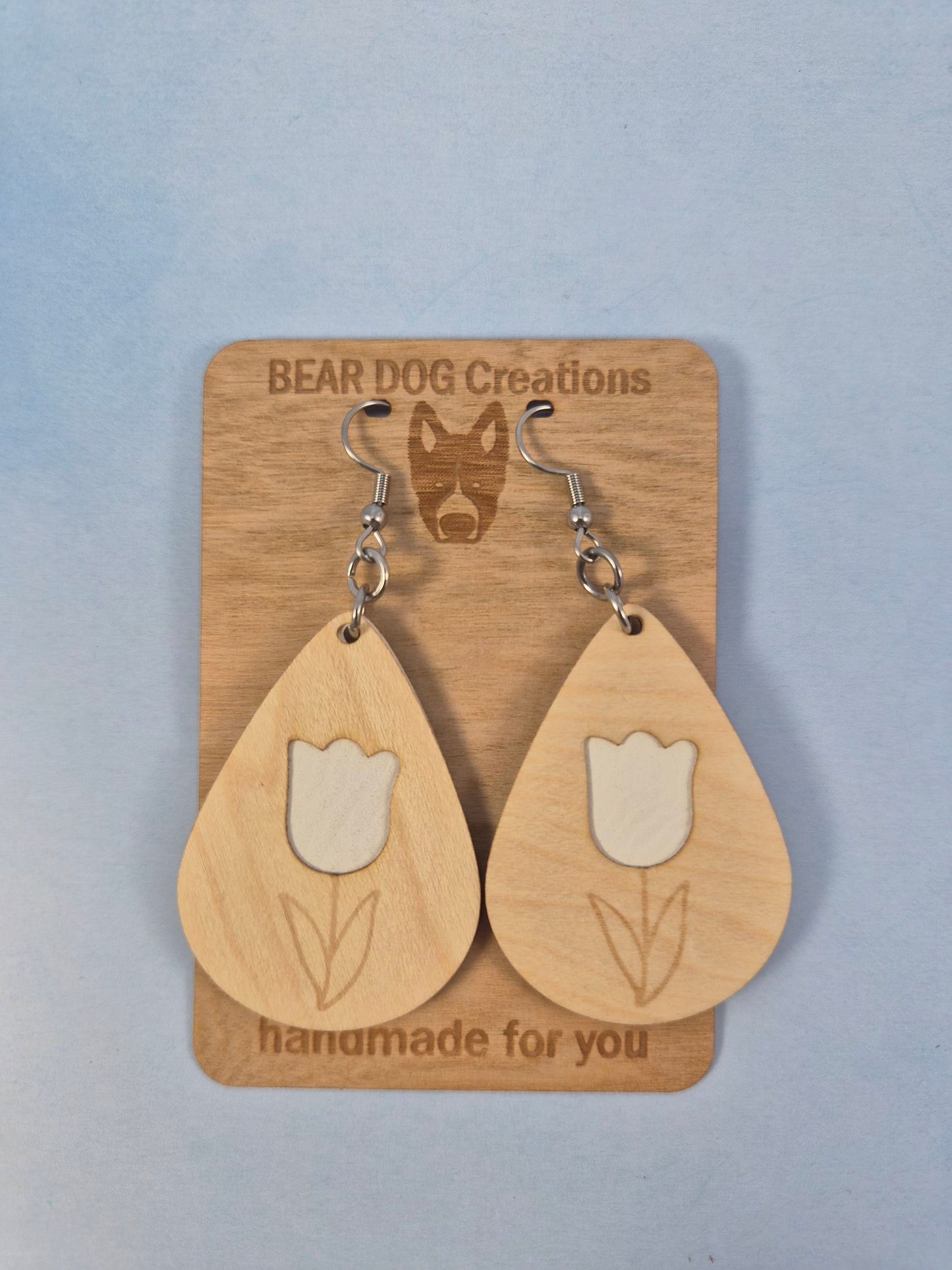 Tulip light Wood Veneer & White Leatherette Earrings