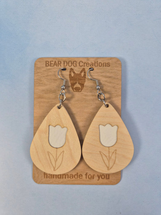 Tulip light Wood Veneer & Leatherette Earrings, Two Layer White Flower Dangle