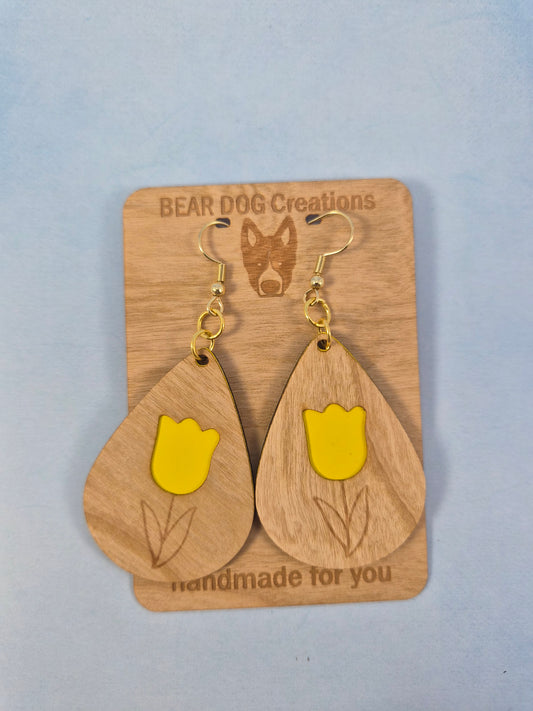 Tulip Brown Wood Veneer & Leatherette Earrings, Two Layer Yellow Flower Dangle