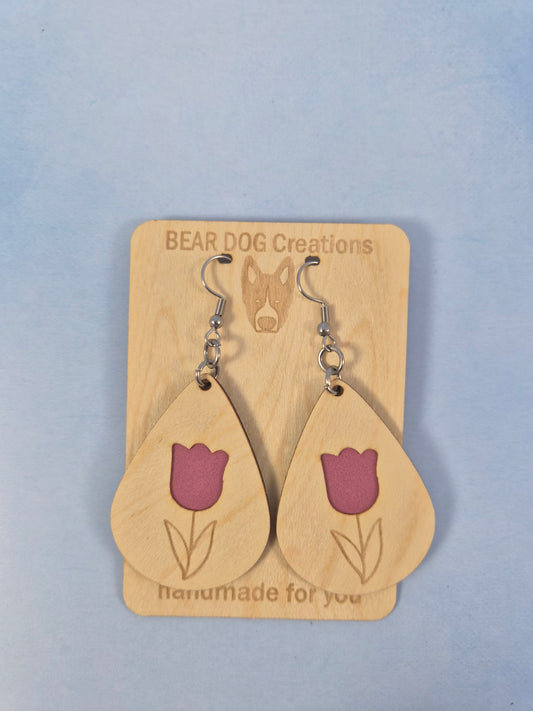 Tulip Light Wood Veneer & Leatherette Earrings, Two Layer Pink Flower Dangle