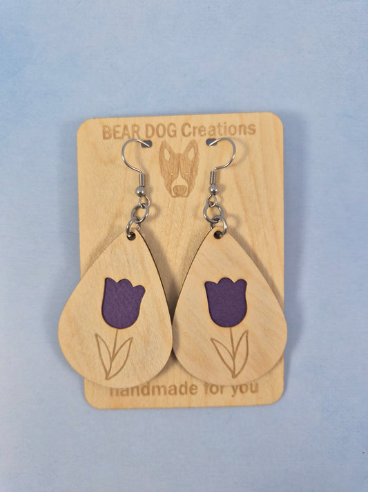 Tulip Light Wood Veneer & Leatherette Earrings, Two Layer Purple Flower Dangle