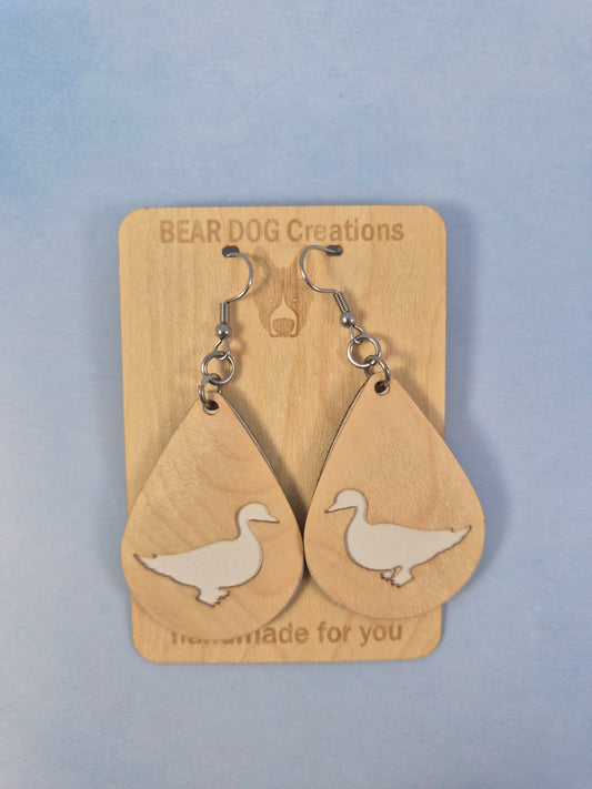 Duck Light Wood Veneer & Leatherette Earrings, Two Layer White Animal Dangle