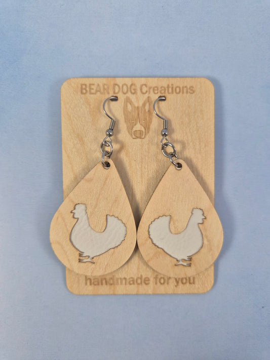 Chicken Light Wood Veneer & Leatherette Earrings, Two Layer White Animal Dangle