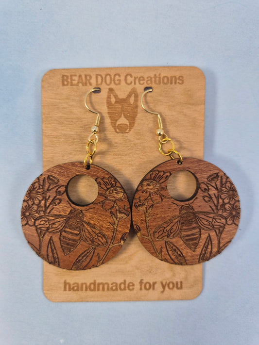 Wood Bee Circle Cutout Earrings, Round Floral Engraved Wood Dangle