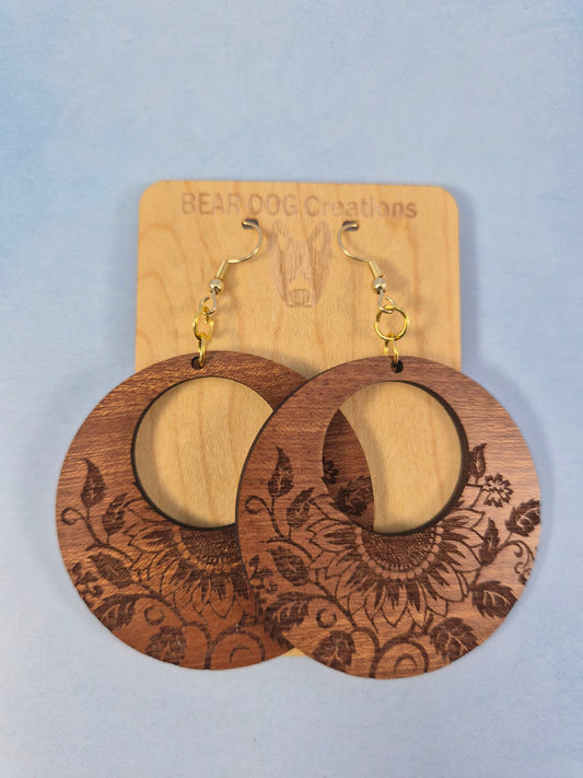 Wood Sunflower Circle Cutout Earrings, Large Round Flower Engraved Wood Dangle