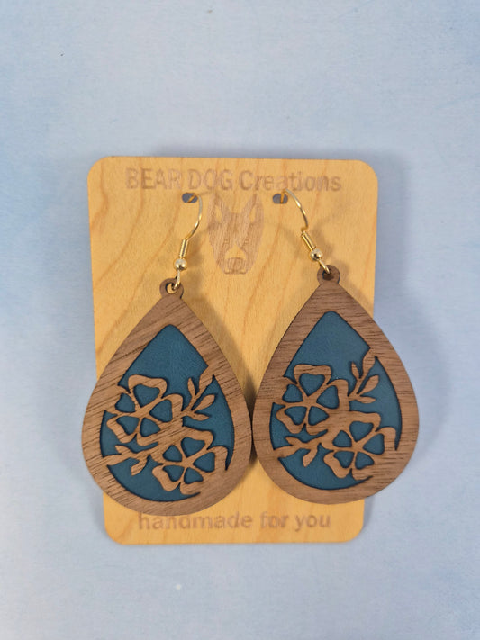 Blue Wood Veneer & Leatherette Teardrop Dangle Earrings, Violet Floral Drop Earring