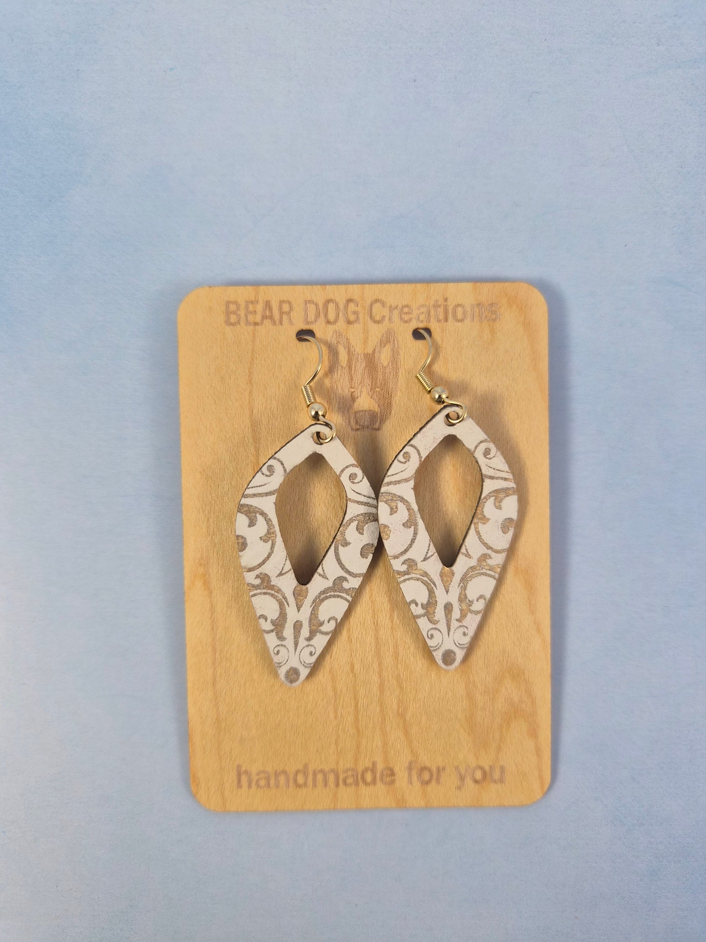 White and Gold Leatherette Dangle Earrings