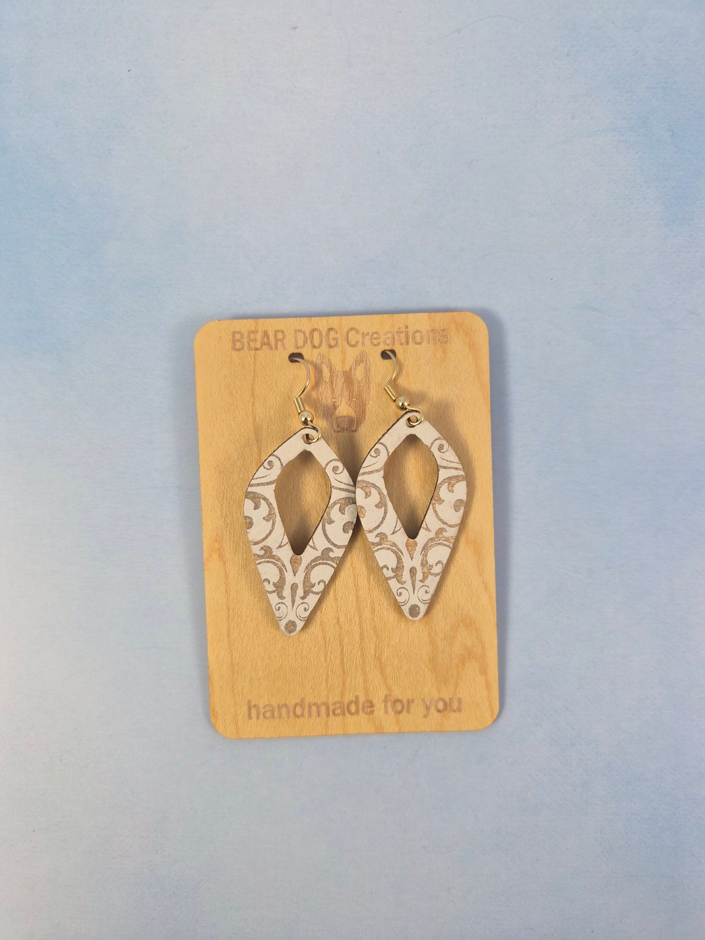 White and Gold Leatherette Dangle Earrings