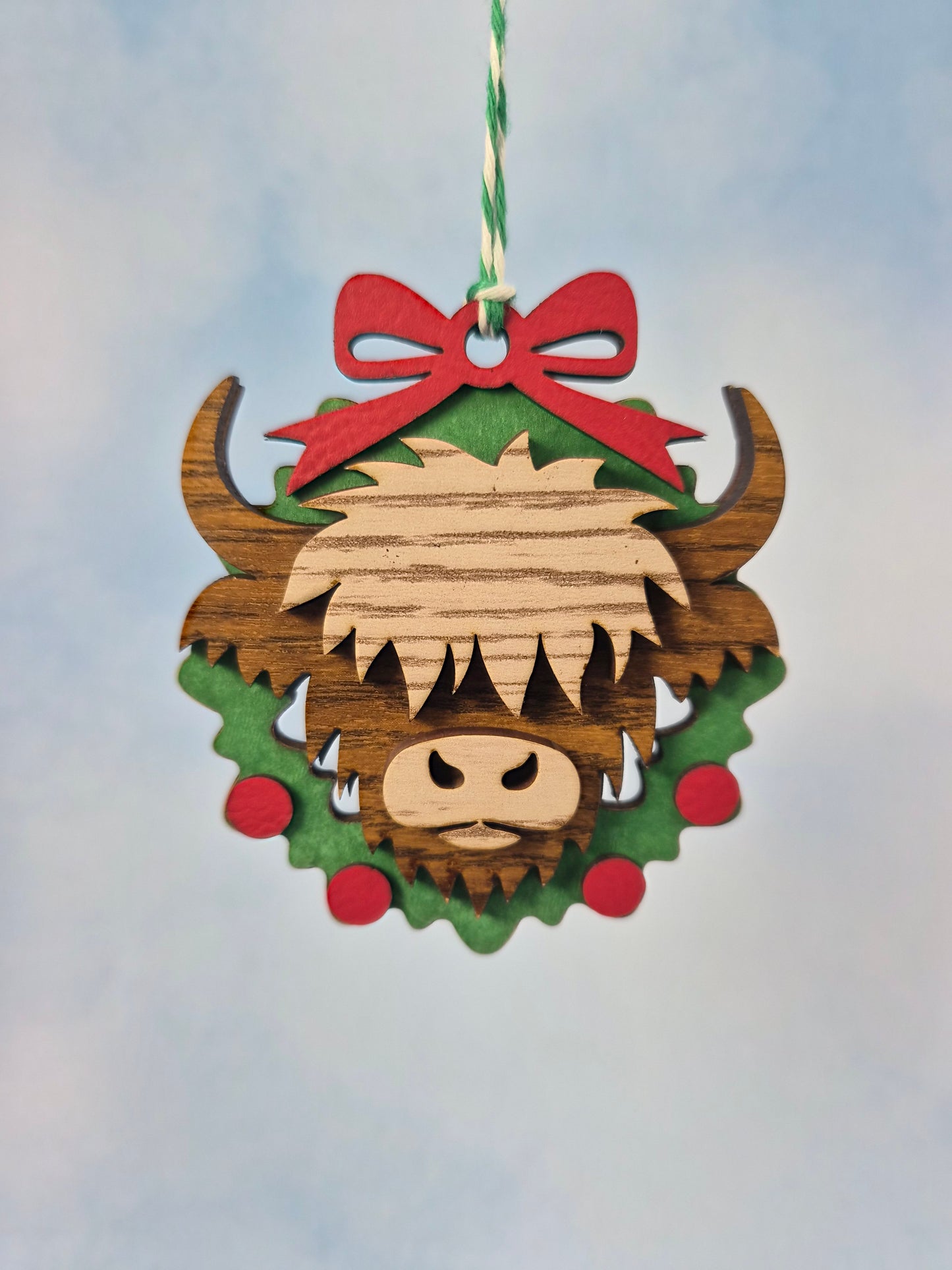 Blonde Highland Cow Wood and Faux Leather Layered Ornament
