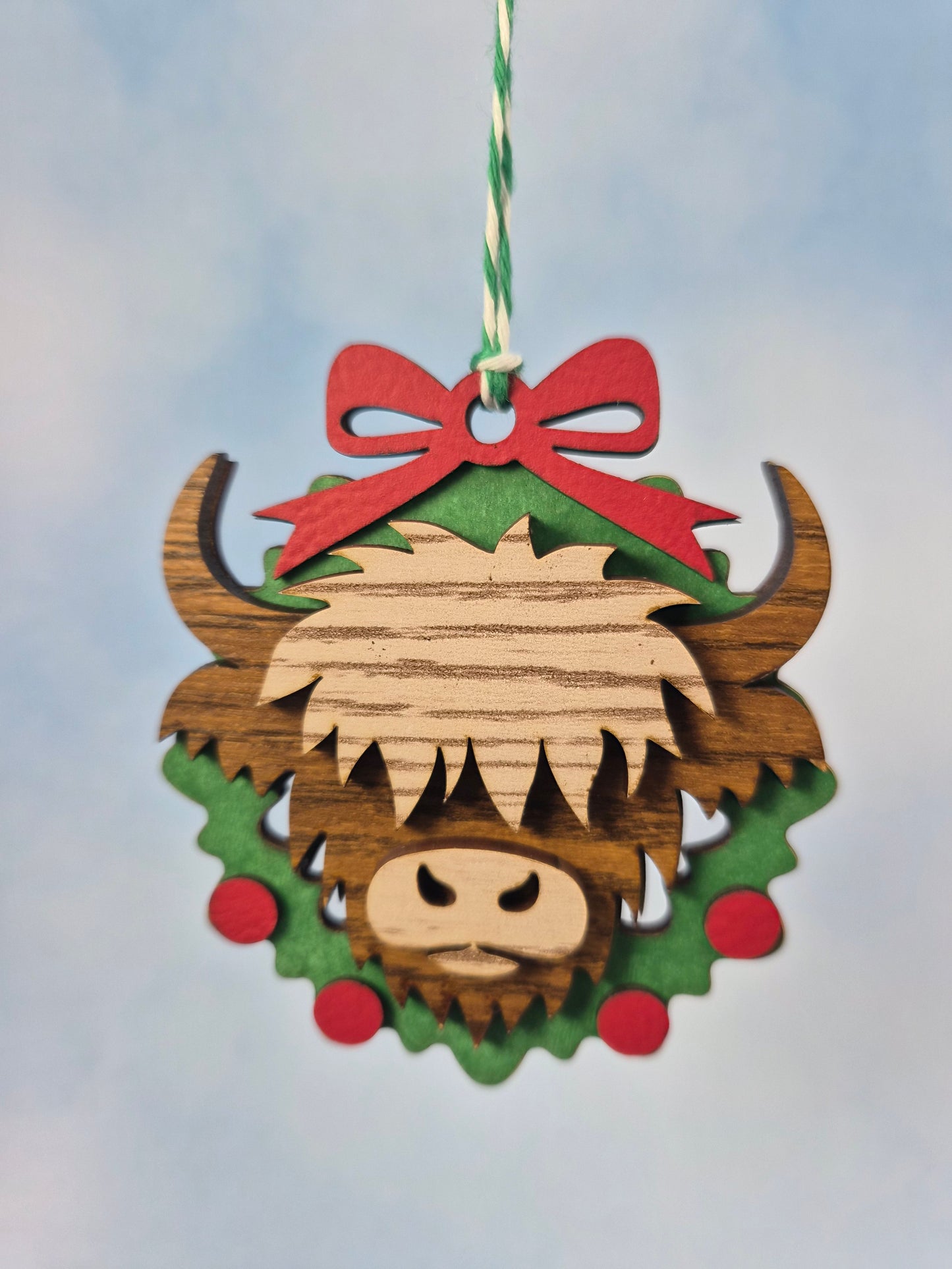 Blonde Highland Cow Wood and Faux Leather Layered Ornament