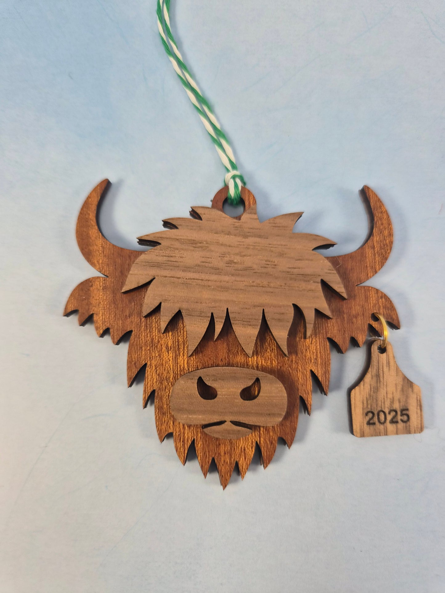 Walnut Highland Cow with Ear Tag Layered Wood Ornament