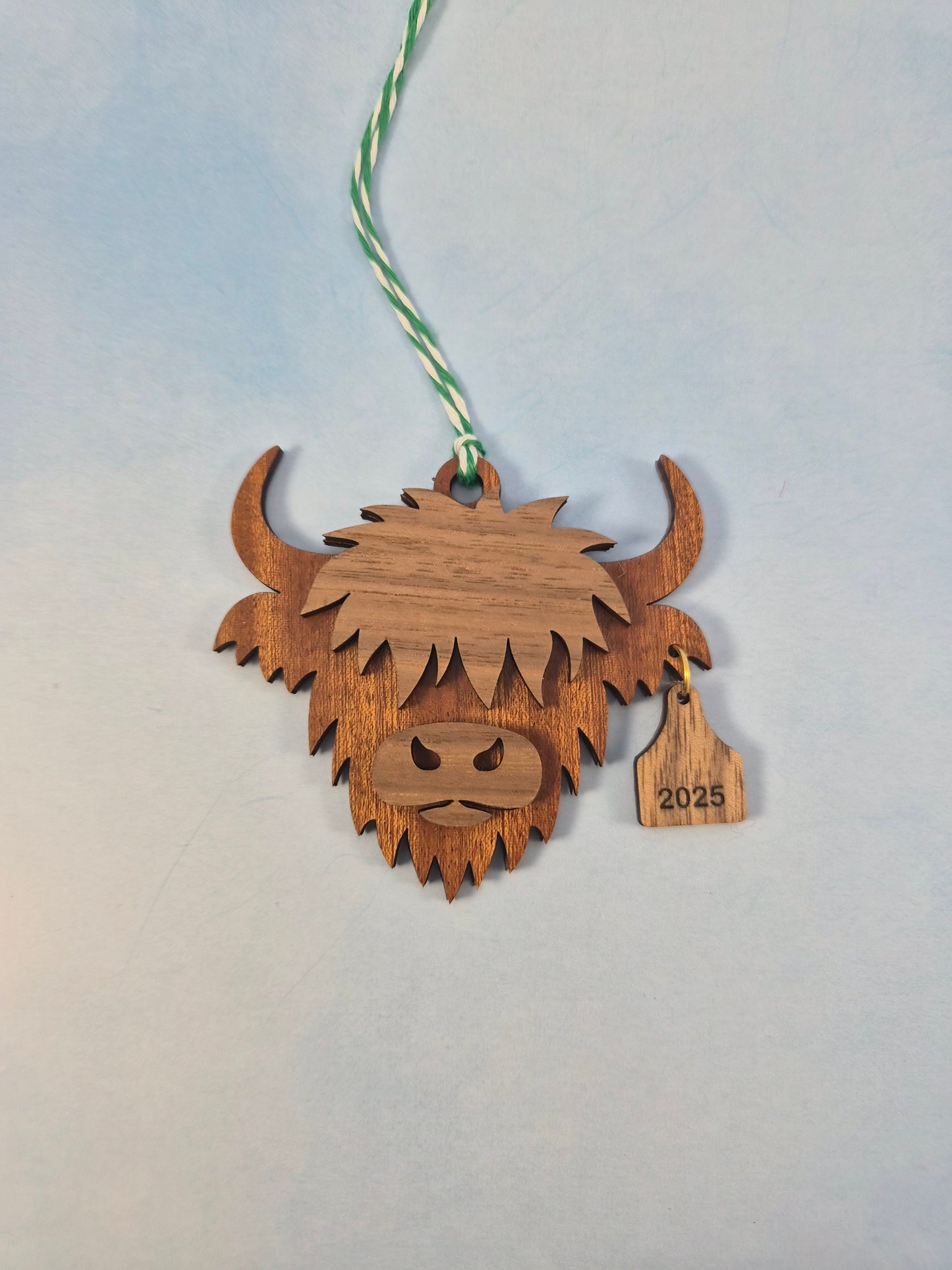 Walnut Highland Cow with Ear Tag Layered Wood Ornament