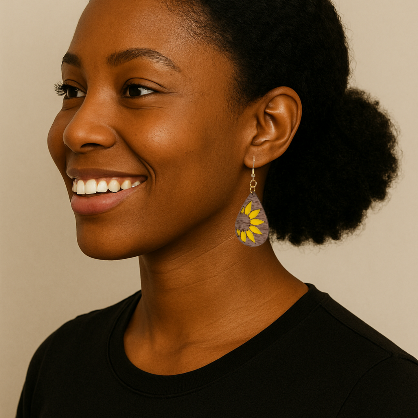 Sunflower Wood Veneer & Yellow Leatherette Dangle Earrings - Side View
