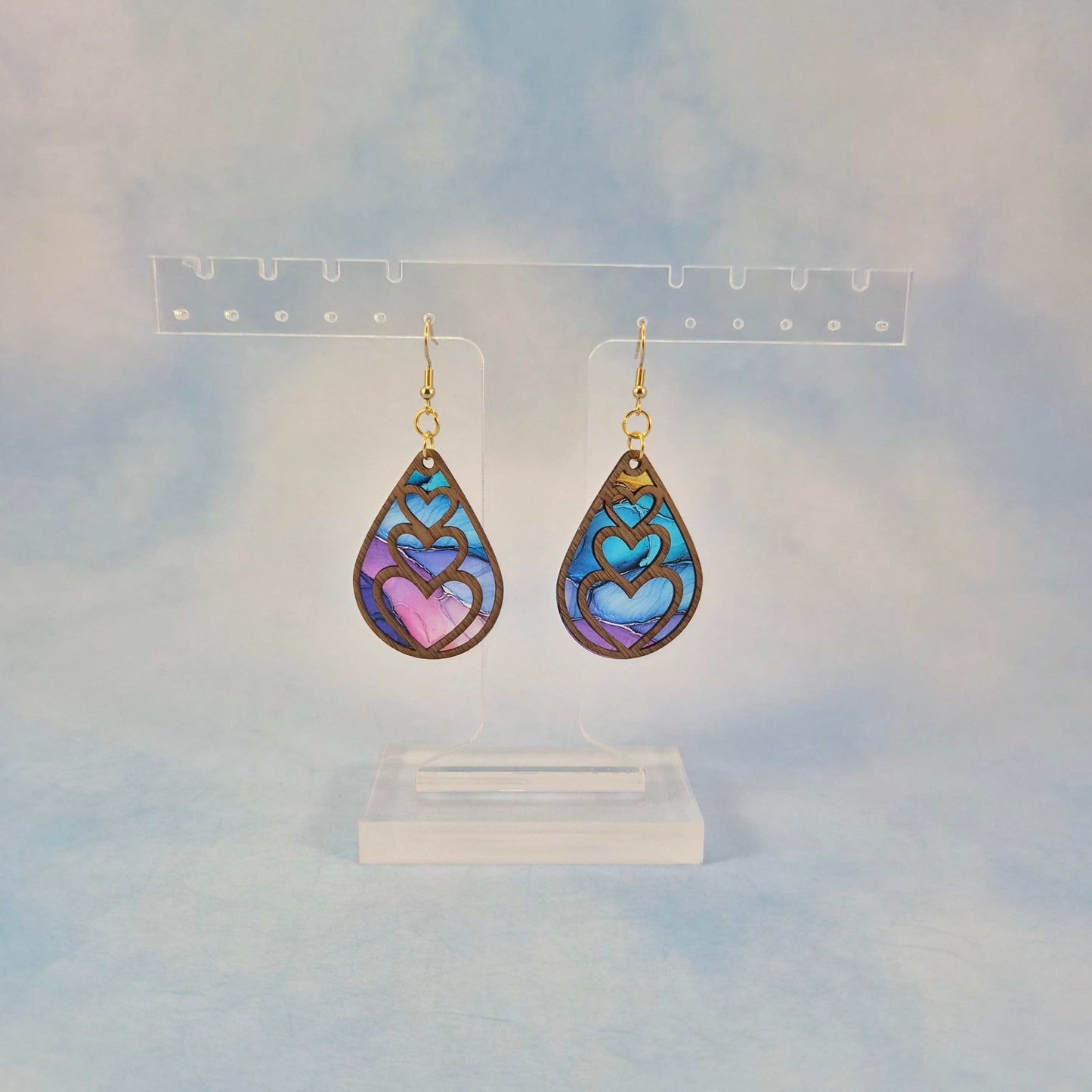 Triple Heart Wood Veneer and Flex Teardrop Earring
