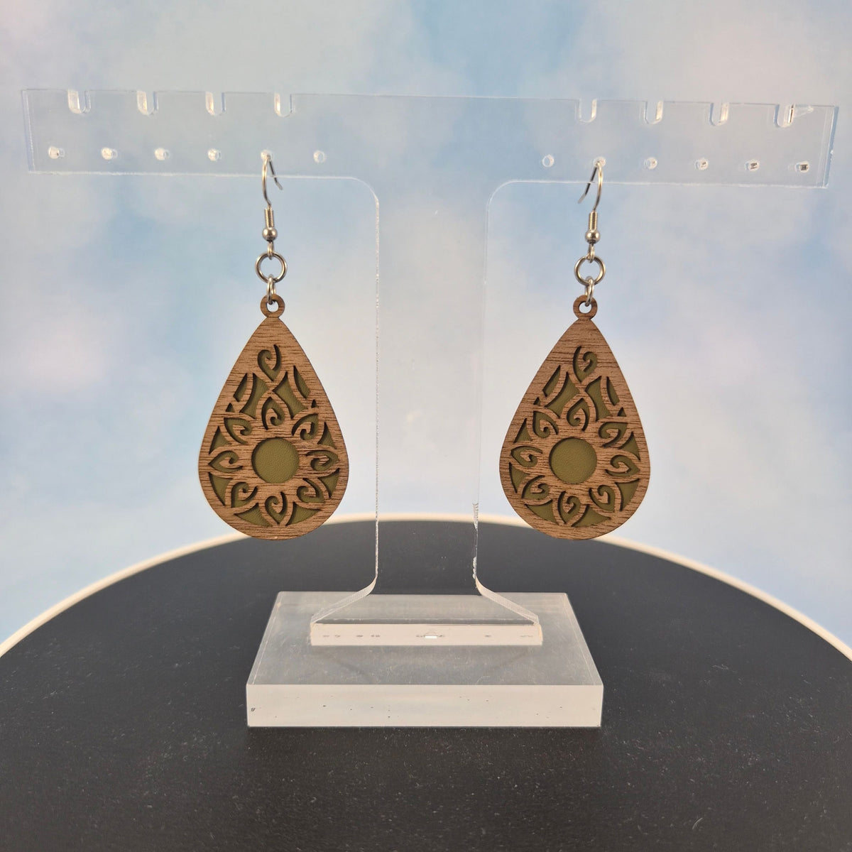 Mandala Leatherette and Walnut Wood Veneer Teardrop Earrings