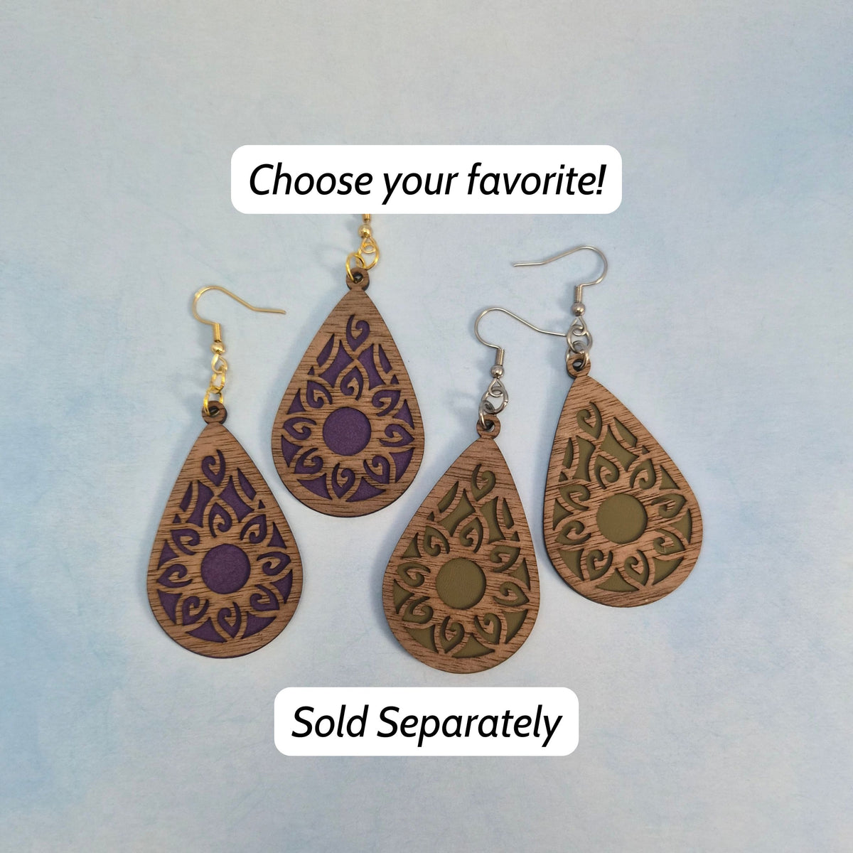 Mandala Leatherette and Walnut Wood Veneer Teardrop Earrings