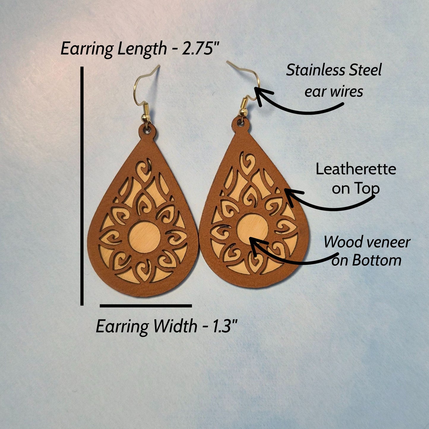 Mandala Dark Brown Leatherette (top) Light Wood Veneer (bottom) Teardrop Earrings