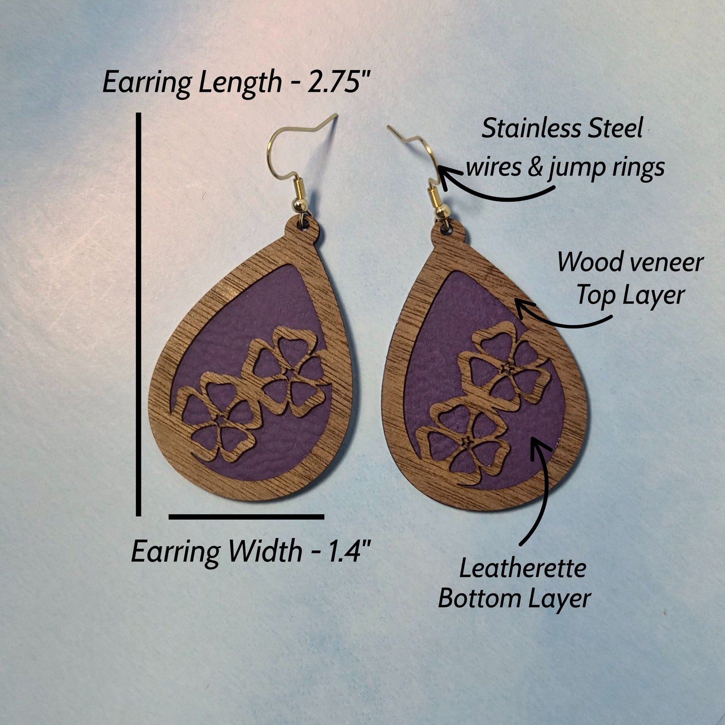 Wood Veneer & Purple Leatherette Floral Dangle Earrings