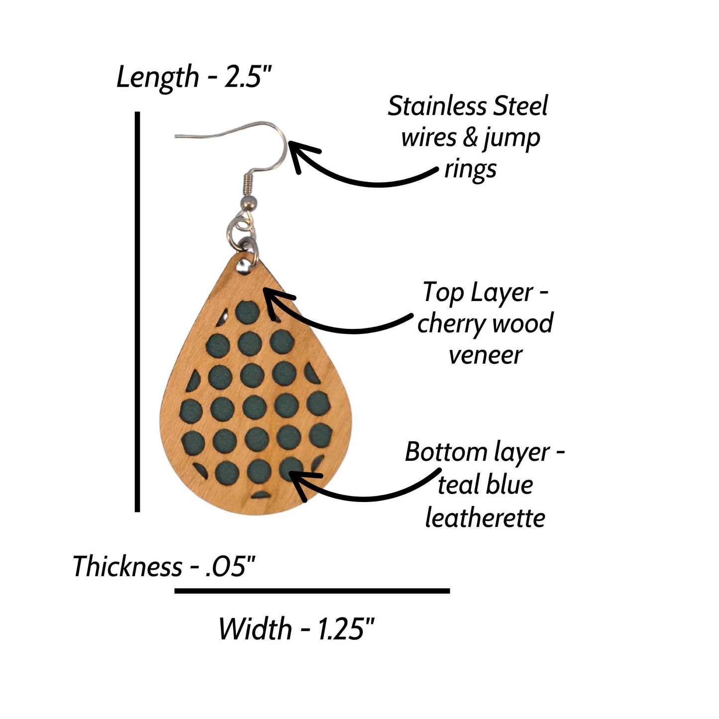 Geometric Wood Veneer & Blue Leatherette Earrings - Circle Design