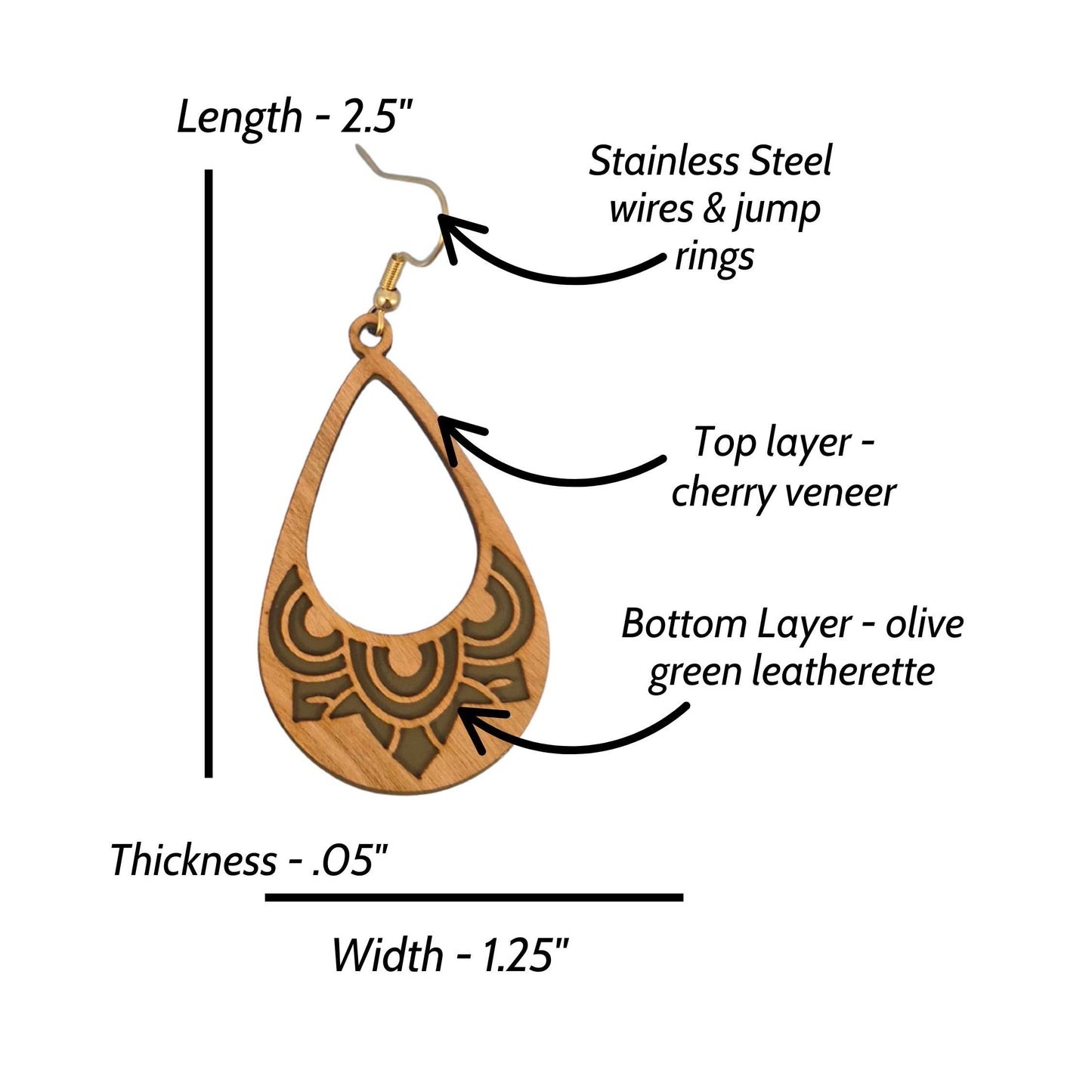 Mandala Cutout Light Wood Veneer & Olive Green Leatherette Earrings