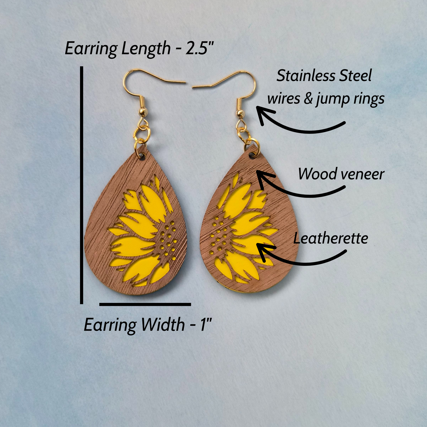 Sunflower Wood Veneer & Yellow Leatherette Dangle Earrings - Detailed Side View