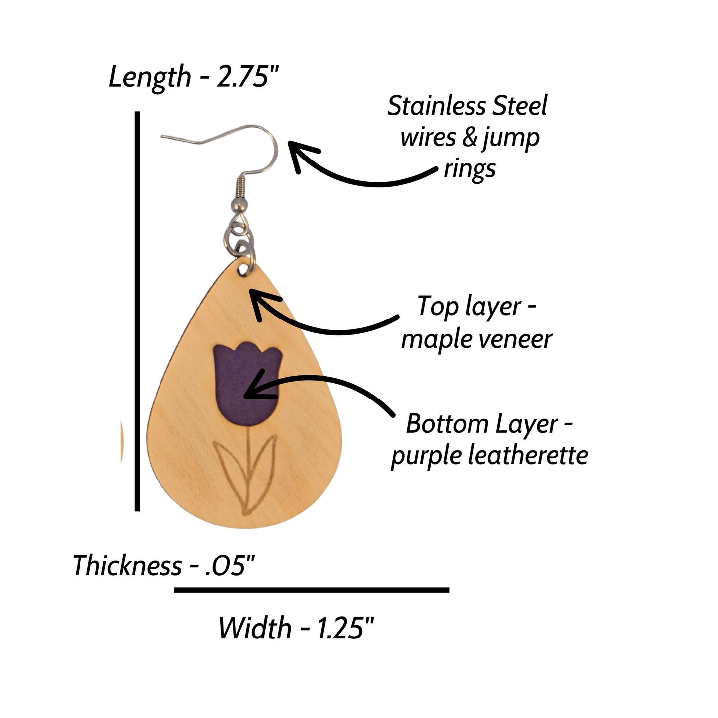 Tulip Flower Maple Wood Veneer & Purple Leatherette Earrings