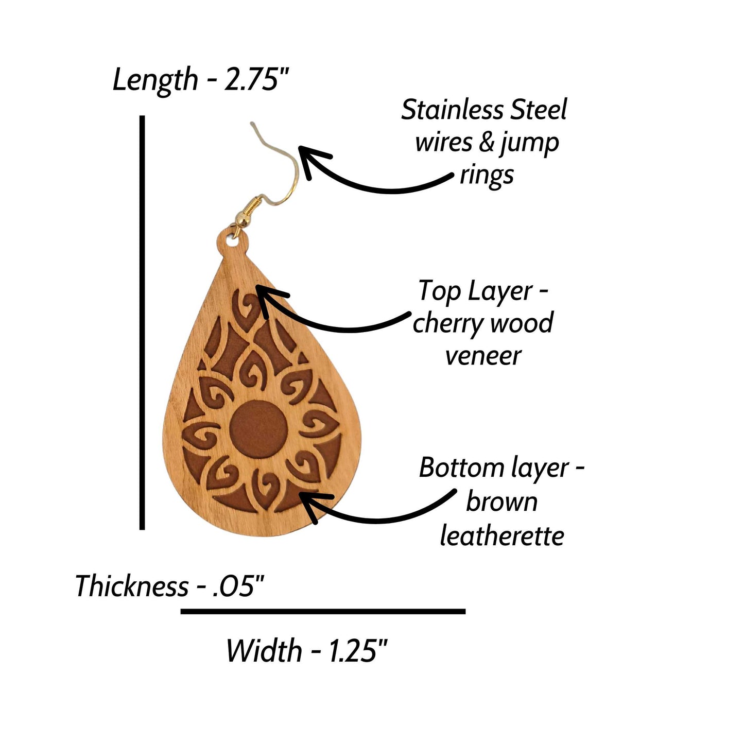 Mandala Cherry Wood Veneer and Brown Leatherette Teardrop Earrings