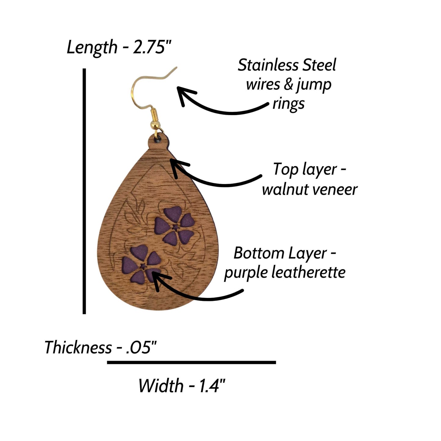 Engraved Wood Veneer & Purple Leatherette Floral Teardrop Earrings