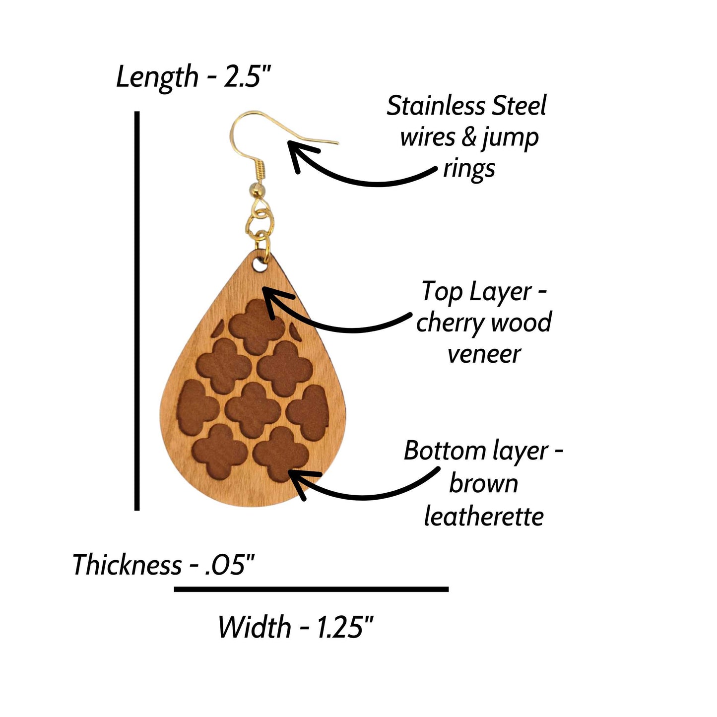 Geometric Cherry Wood Veneer & Brown Leatherette Earrings - Club Design