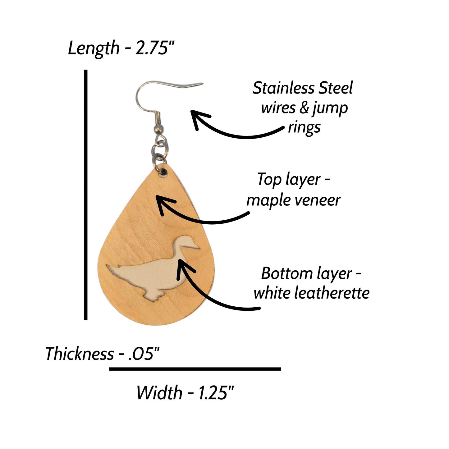 Duck Maple Wood Veneer & White Leatherette Earrings