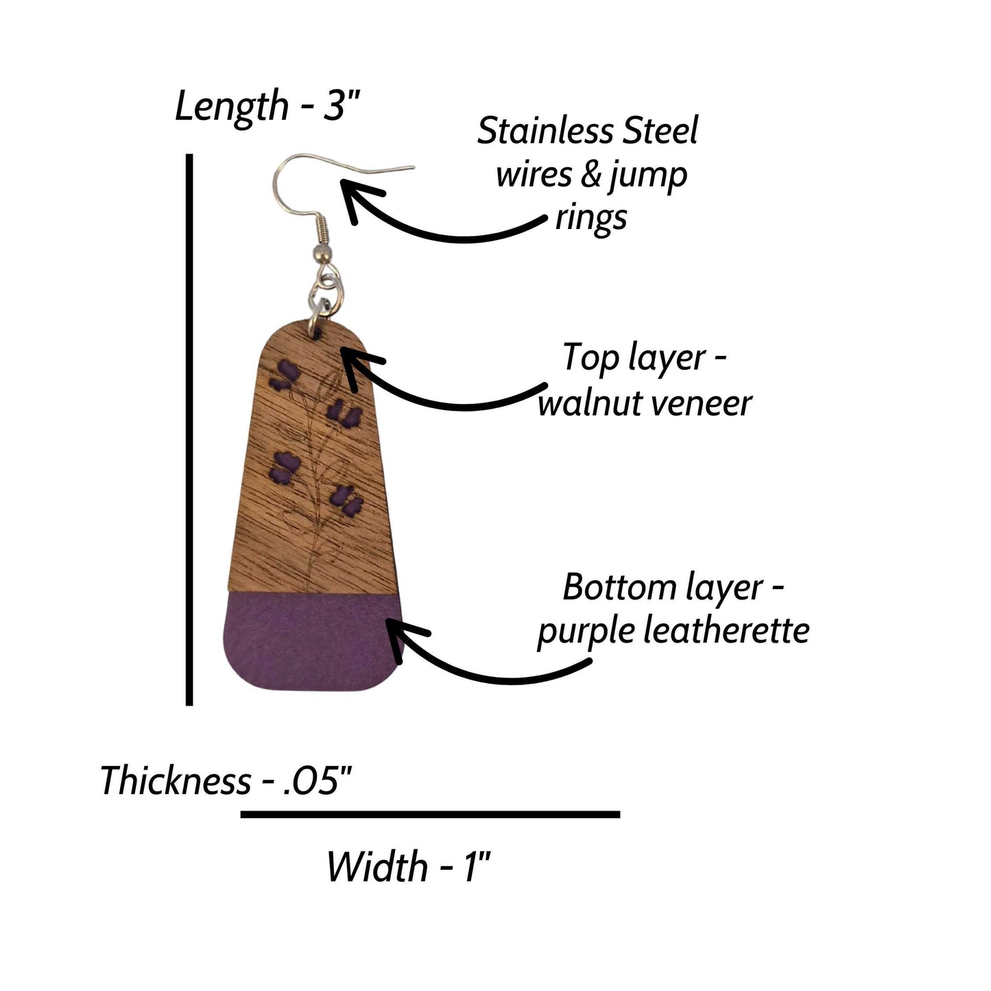 Purple Floral Dark Wood Veneer & Leatherette Dangle Earring