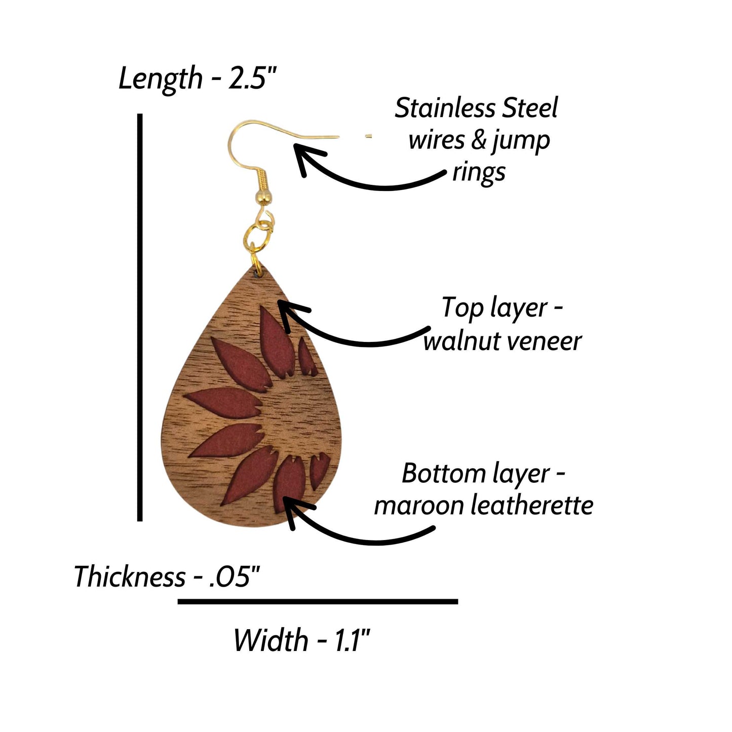 Sunflower Wood and Maroon Leatherette Dangle Earrings - Side View