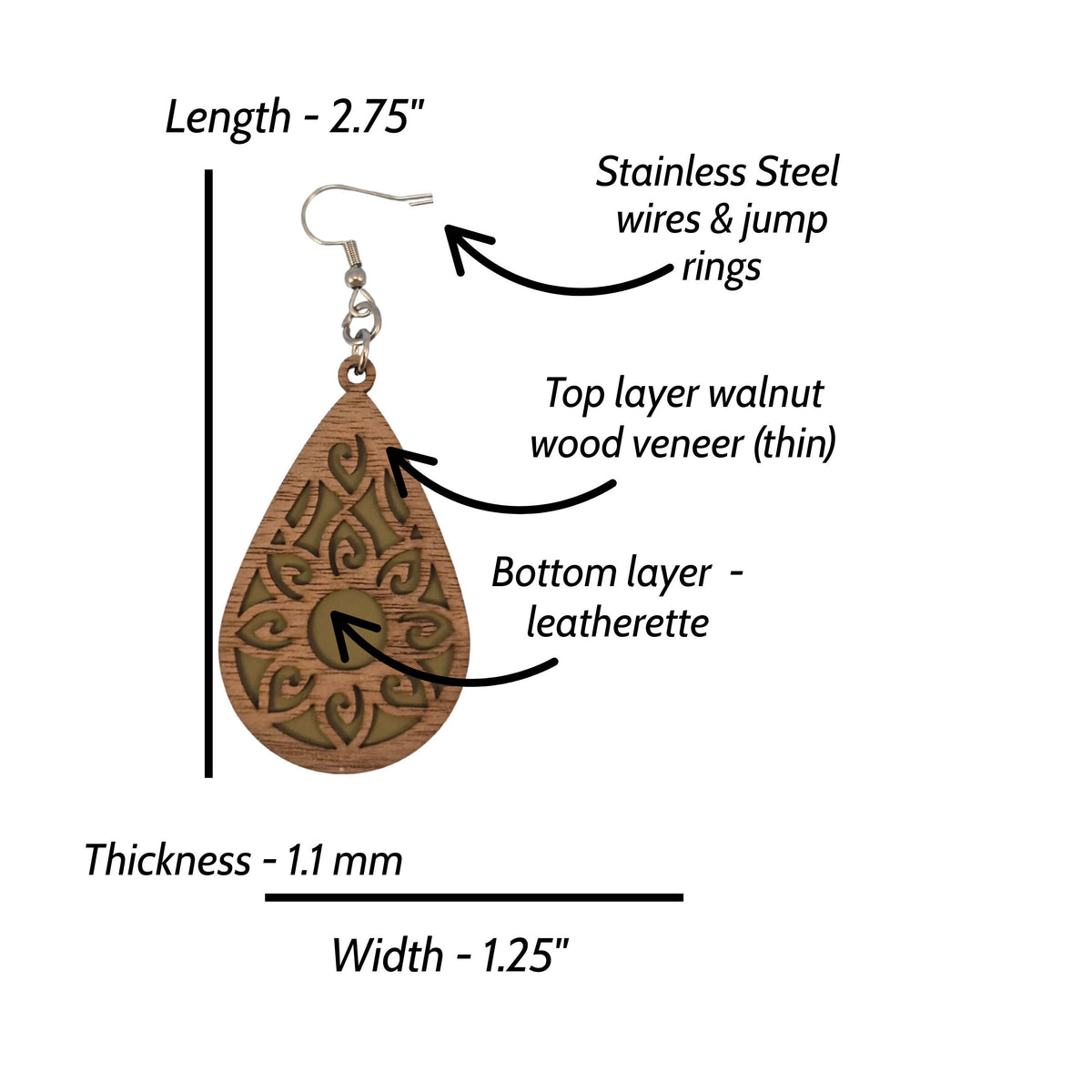 Mandala Leatherette and Walnut Wood Veneer Teardrop Earrings