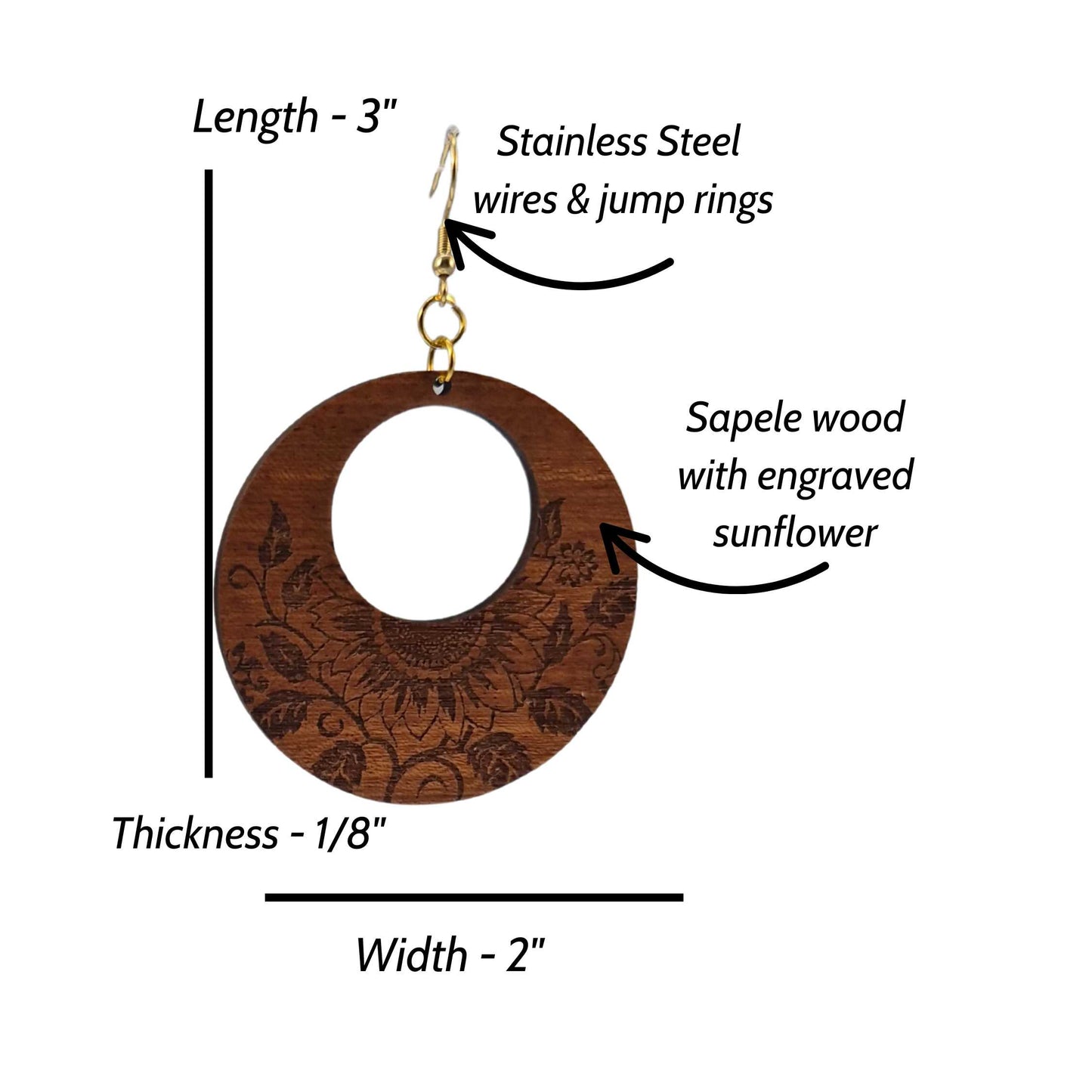 Large Round Wood Sunflower Circle Cutout Earrings