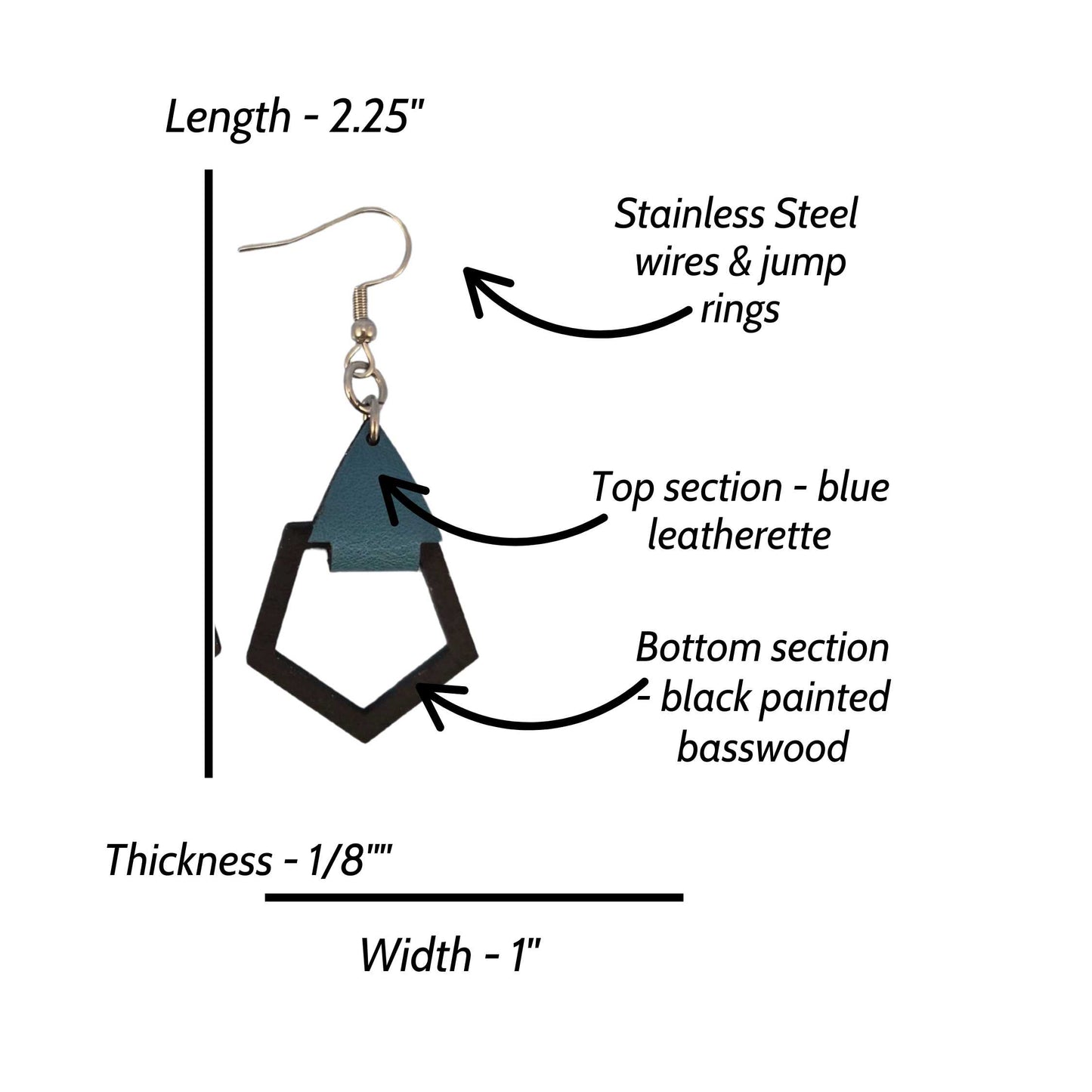 Small Polygon Black Painted Wood and Blue Leatherette Dangle Earring