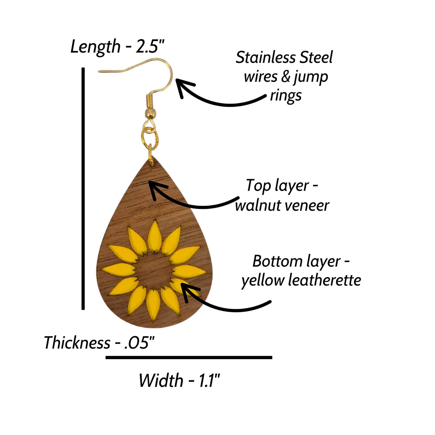 Sunflower Wood Veneer & Yellow Leatherette Dangle Earrings - Simple Front View