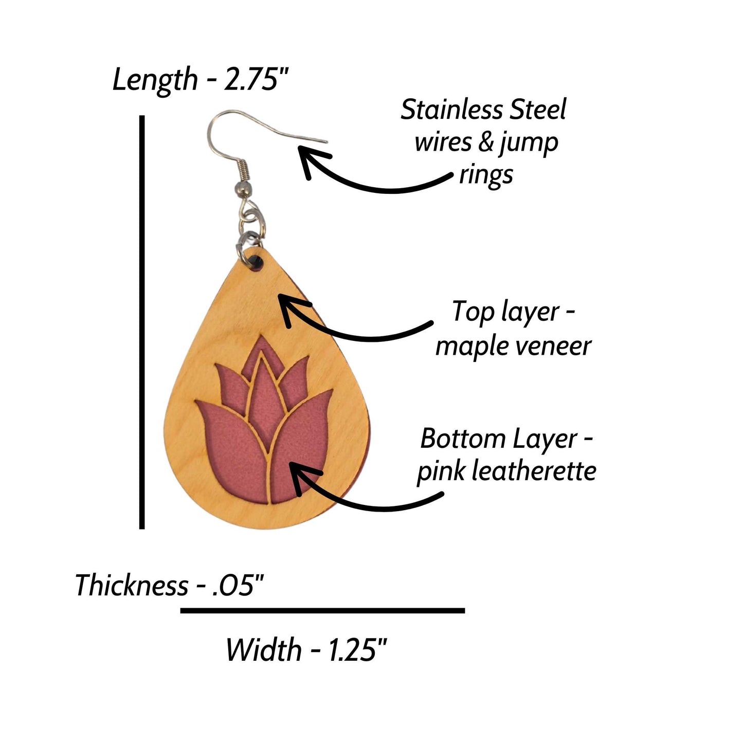 Lotus Flower Maple Wood Veneer & Pink Leatherette Earrings