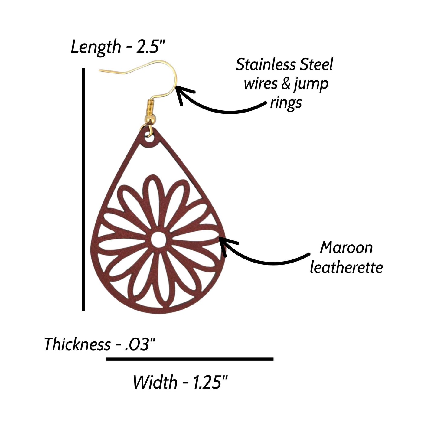 Maroon Daisy Flower Leatherette Teardrop Earrings
