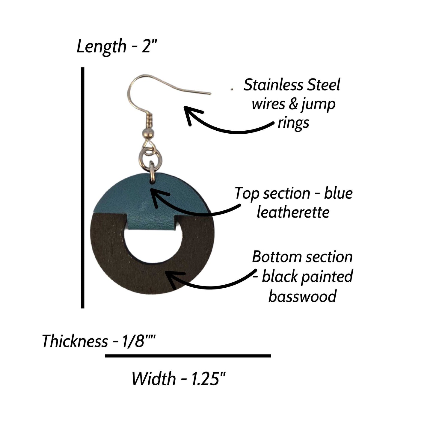 Round Circle Cutout Black Painted Wood and Blue Leatherette Dangle Earring